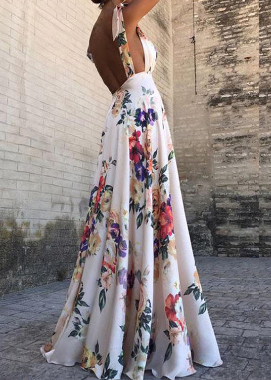 New Red V Neck Print Backless Cotton Maxi Dresses Sleeveless Ff098