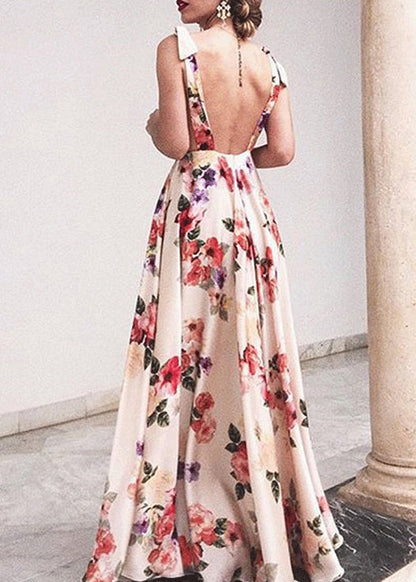 New Red V Neck Print Backless Cotton Maxi Dresses Sleeveless Ff098