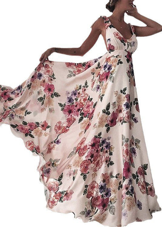 New Red V Neck Print Backless Cotton Maxi Dresses Sleeveless Ff098