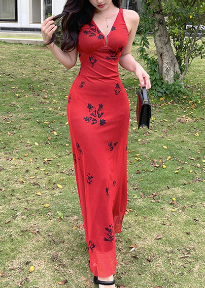 New Red V Neck Print Tulle Maxi Dresses Sleeveless Yt025