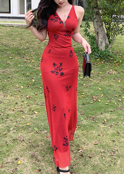 New Red V Neck Print Tulle Maxi Dresses Sleeveless Yt025