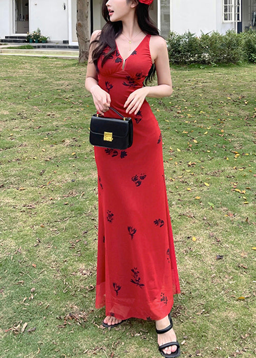 New Red V Neck Print Tulle Maxi Dresses Sleeveless Yt025