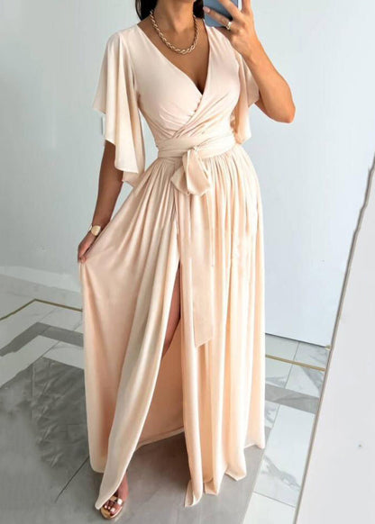 New Red V Neck Tie Waist Side Open Cotton Maxi Dress Summer Bb035