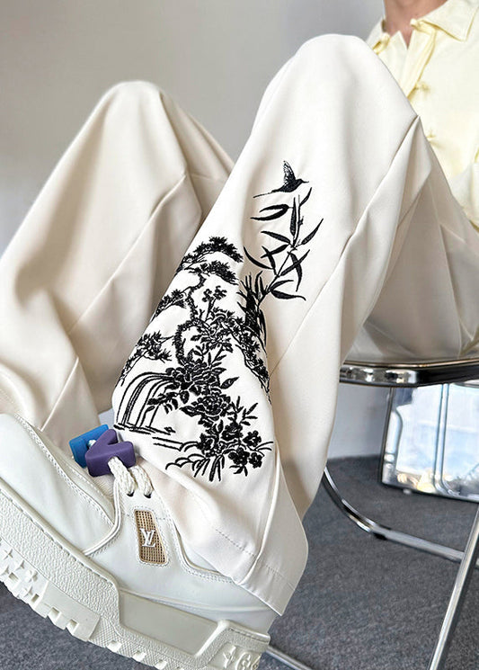 New Retro Apricot Embroideried Pockets Silk Pants Summer Yt054