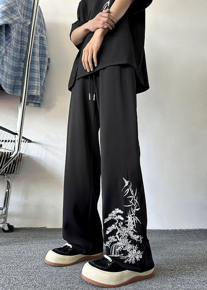 New Retro Apricot Embroideried Pockets Silk Pants Summer Yt054