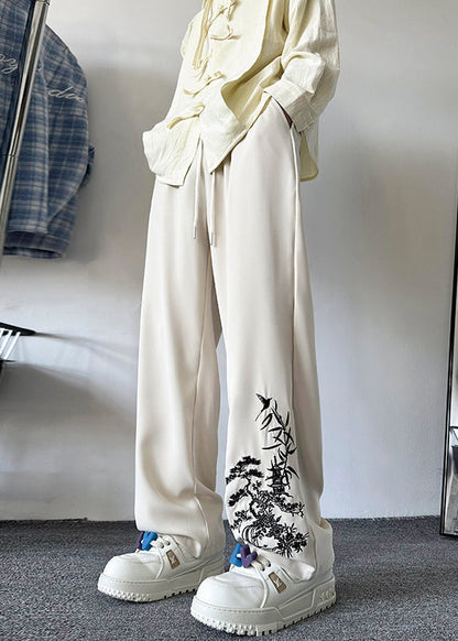 New Retro Apricot Embroideried Pockets Silk Pants Summer Yt054