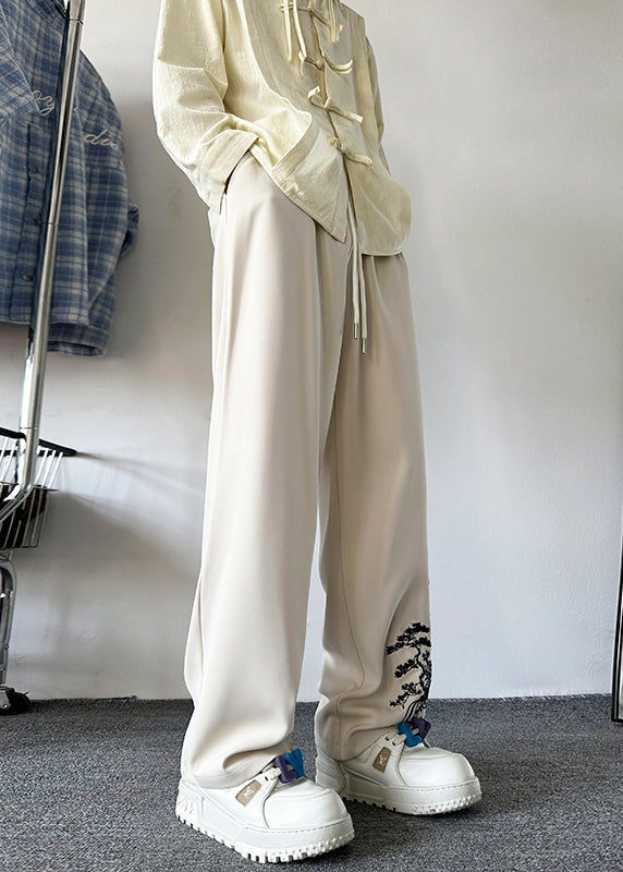 New Retro Apricot Embroideried Pockets Silk Pants Summer Yt054