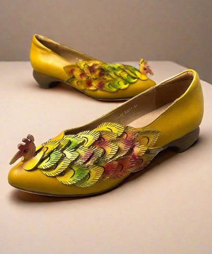 New Retro Style Yellow Pointed Toe Cowhide Leather Shoes Kj055