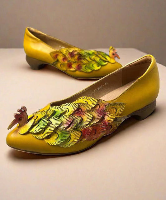 New Retro Style Yellow Pointed Toe Cowhide Leather Shoes Kj055