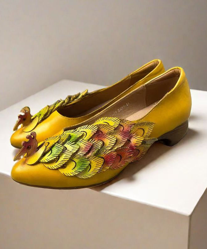New Retro Style Yellow Pointed Toe Cowhide Leather Shoes Kj055