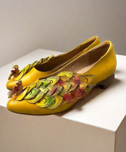 New Retro Style Yellow Pointed Toe Cowhide Leather Shoes Kj055