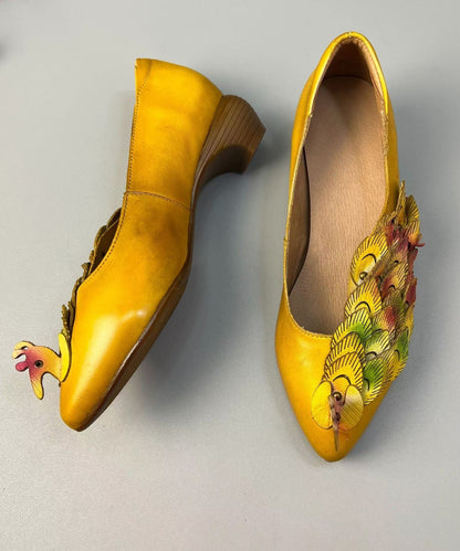 New Retro Style Yellow Pointed Toe Cowhide Leather Shoes Kj055