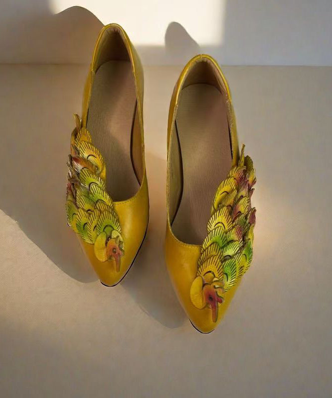 New Retro Style Yellow Pointed Toe Cowhide Leather Shoes Kj055