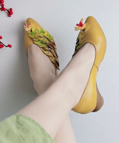 New Retro Style Yellow Pointed Toe Cowhide Leather Shoes Kj055