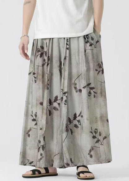 New Retro Pockets Print Elastic Waist Ice Silk Wide Leg Pants Summer Sa050