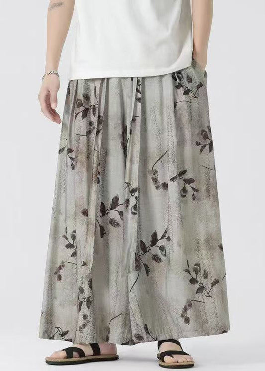 New Retro Pockets Print Elastic Waist Ice Silk Wide Leg Pants Summer Sa050