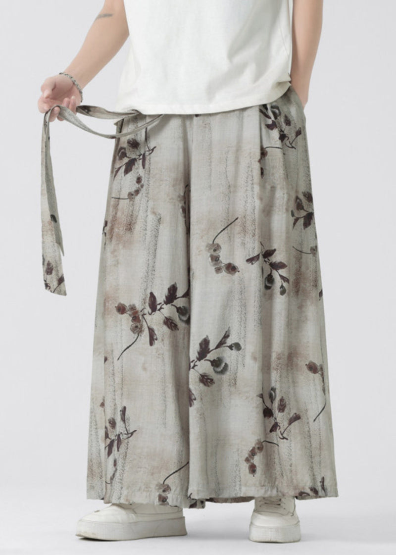 New Retro Pockets Print Elastic Waist Ice Silk Wide Leg Pants Summer Sa050
