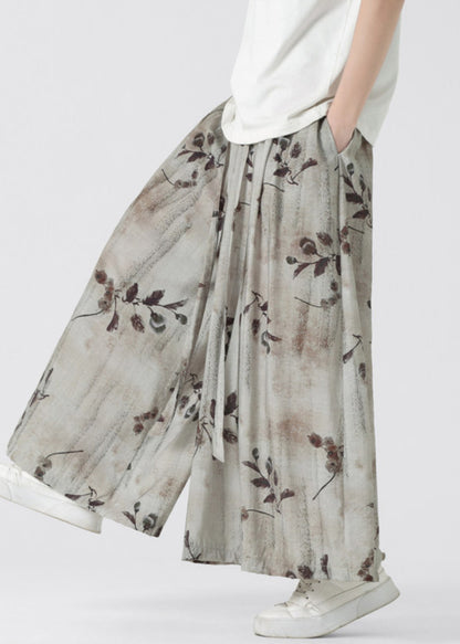 New Retro Pockets Print Elastic Waist Ice Silk Wide Leg Pants Summer Sa050