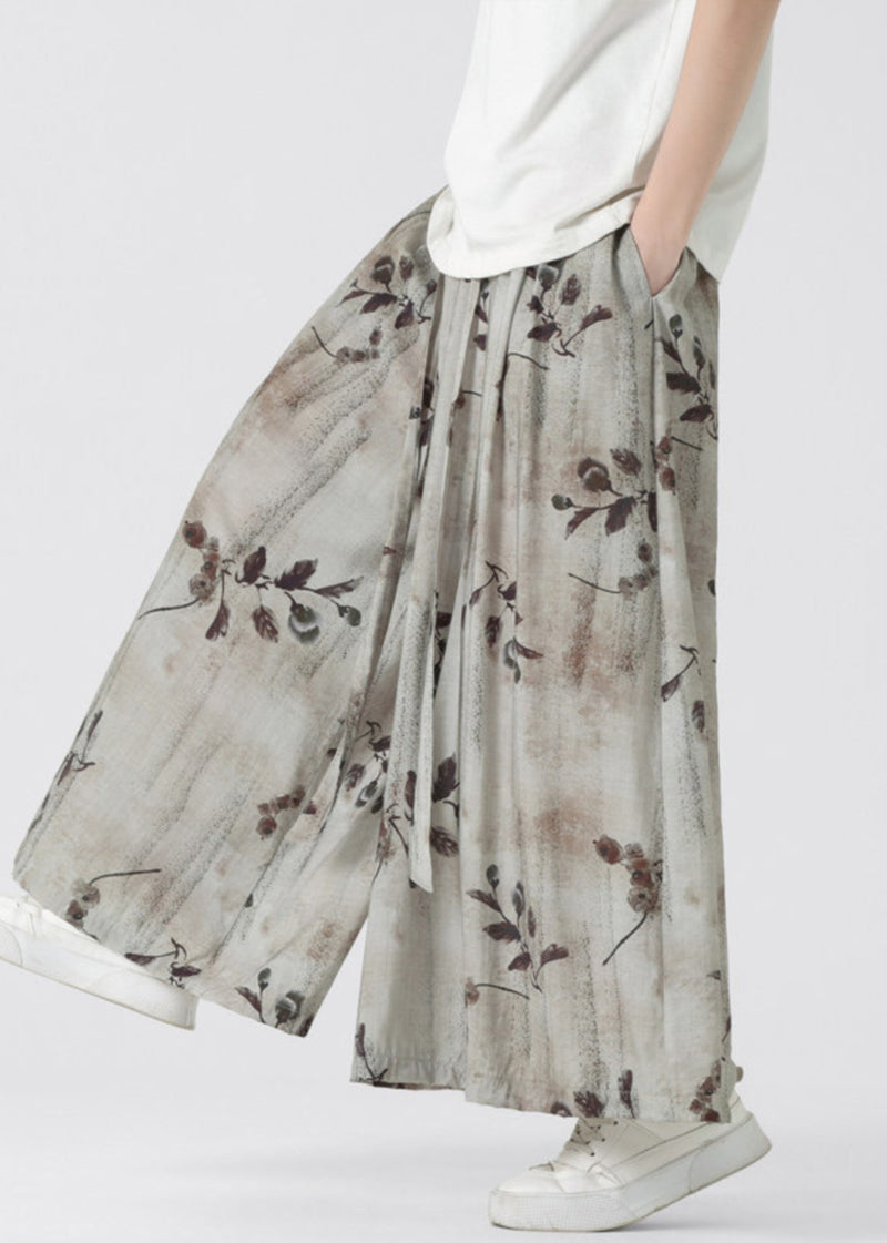 New Retro Pockets Print Elastic Waist Ice Silk Wide Leg Pants Summer Sa050