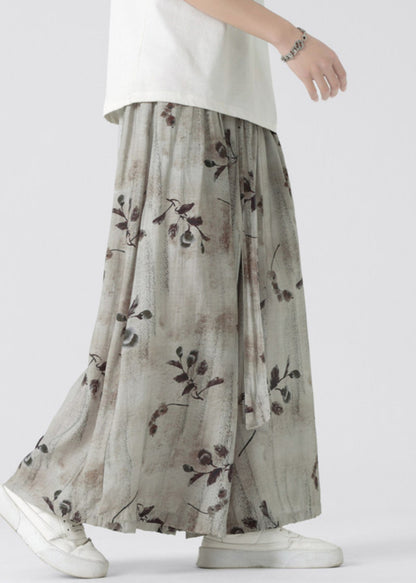 New Retro Pockets Print Elastic Waist Ice Silk Wide Leg Pants Summer Sa050