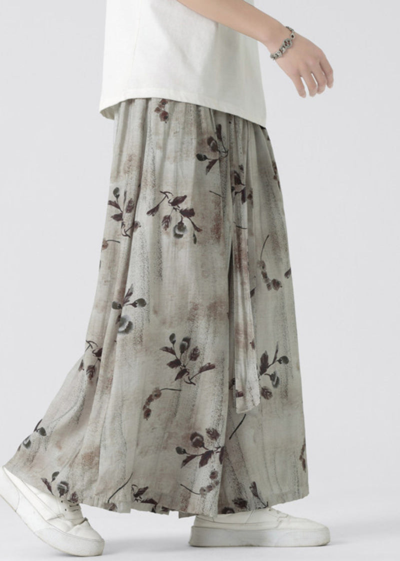 New Retro Pockets Print Elastic Waist Ice Silk Wide Leg Pants Summer Sa050