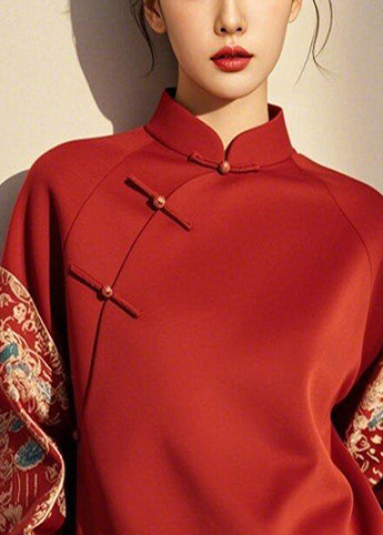 New Retro Red Chinese Button Patchwork Cotton Pullover Sweatshirt Spring Yj035