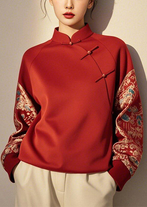 New Retro Red Chinese Button Patchwork Cotton Pullover Sweatshirt Spring Yj035