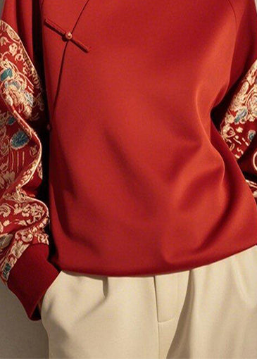 New Retro Red Chinese Button Patchwork Cotton Pullover Sweatshirt Spring Yj035