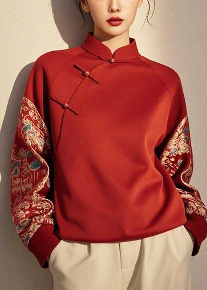 New Retro Red Chinese Button Patchwork Cotton Pullover Sweatshirt Spring Yj035