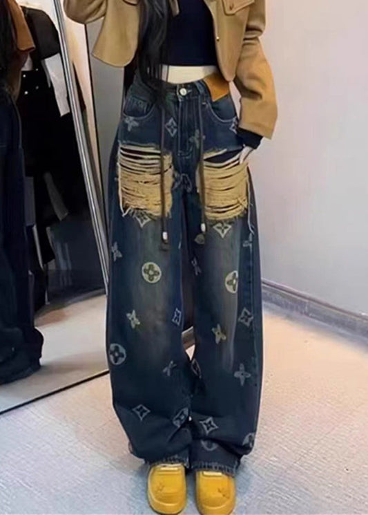 New Ripped Printed Denim Straight Leg Pants for Spring Qq1034