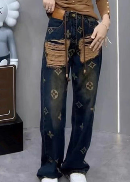 New Ripped Printed Denim Straight Leg Pants for Spring Qq1034