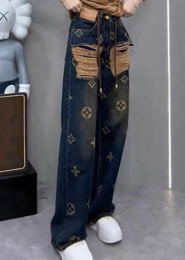 New Ripped Printed Denim Straight Leg Pants for Spring Qq1034