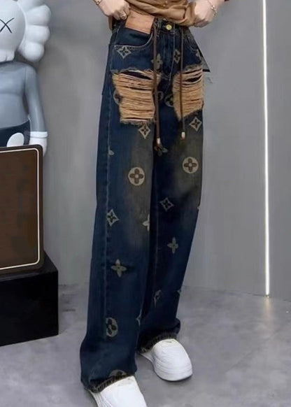 New Ripped Printed Denim Straight Leg Pants for Spring Qq1034
