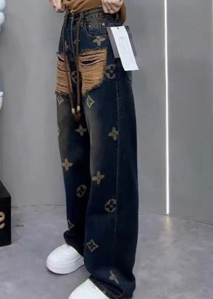 New Ripped Printed Denim Straight Leg Pants for Spring Qq1034