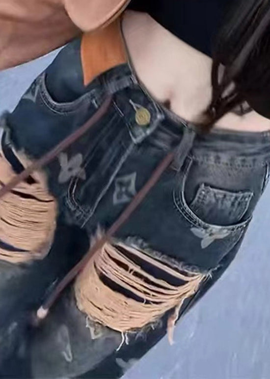 New Ripped Printed Denim Straight Leg Pants for Spring Qq1034