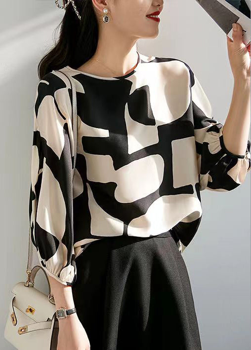 New Rose O Neck Print Button Silk Blouse Spring Op1094