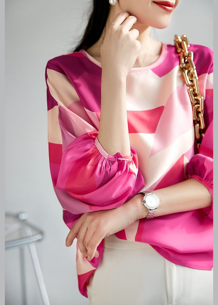 New Rose O Neck Print Button Silk Blouse Spring Op1094