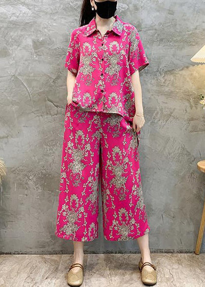 New Rose Print Shirts Tops and Crop Pants Cotton Two Pieces Set Summer Au1056