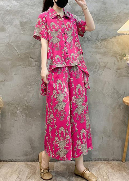 New Rose Print Shirts Tops and Crop Pants Cotton Two Pieces Set Summer Au1056