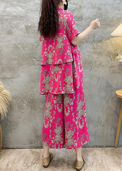 New Rose Print Shirts Tops and Crop Pants Cotton Two Pieces Set Summer Au1056