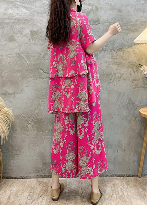 New Rose Print Shirts Tops and Crop Pants Cotton Two Pieces Set Summer Au1056