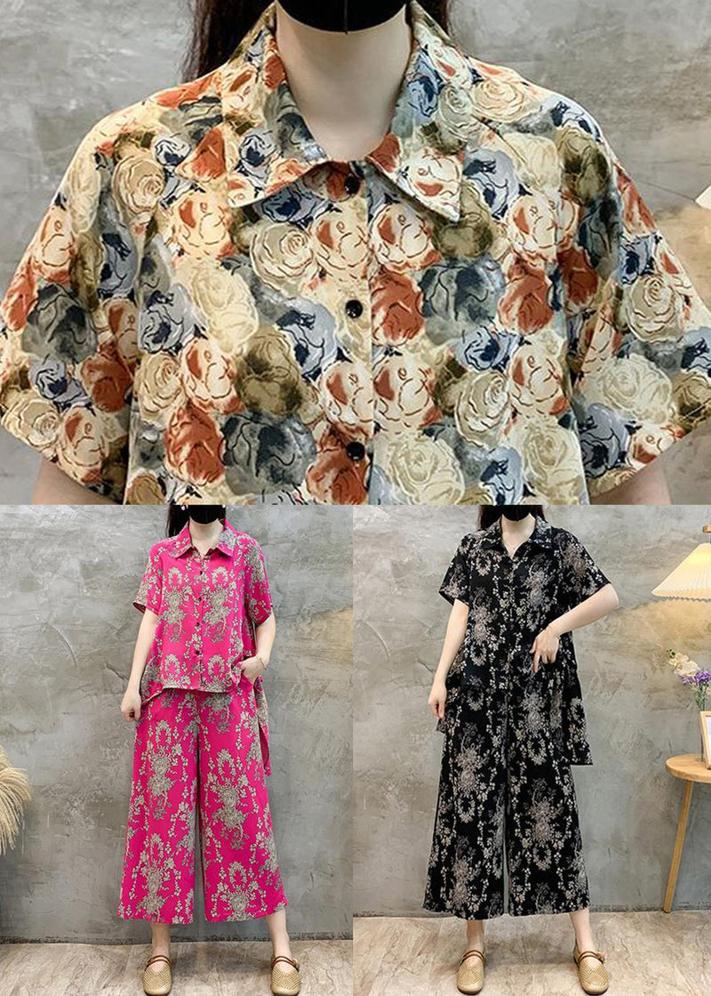 New Rose Print Shirts Tops and Crop Pants Cotton Two Pieces Set Summer Au1056