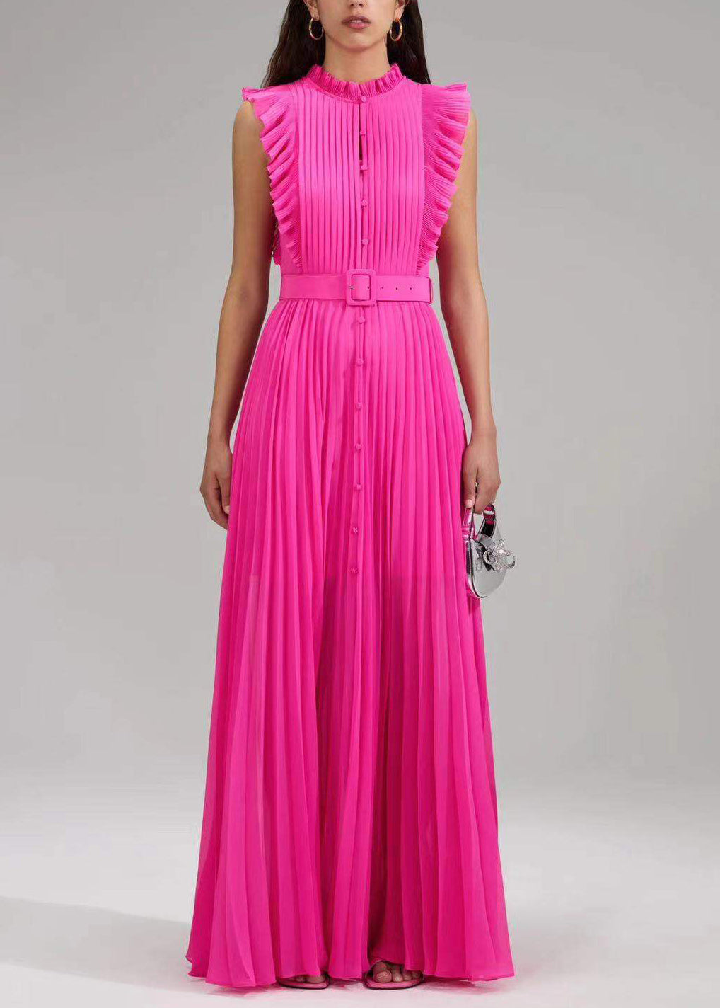 New Rose Ruffled Button Sashes Chiffon Maxi Dresses Sleeveless Ww1063
