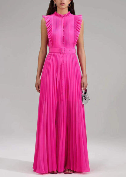 New Rose Ruffled Button Sashes Chiffon Maxi Dresses Sleeveless Ww1063
