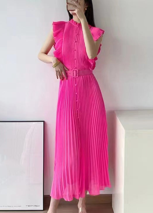 New Rose Ruffled Button Sashes Chiffon Maxi Dresses Sleeveless Ww1063