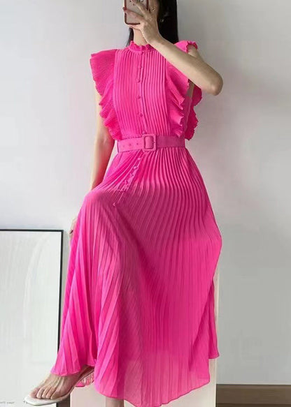 New Rose Ruffled Button Sashes Chiffon Maxi Dresses Sleeveless Ww1063