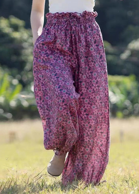 New Rose Ruffled Print Lace Up Linen Crop Pants Summer Gh1075