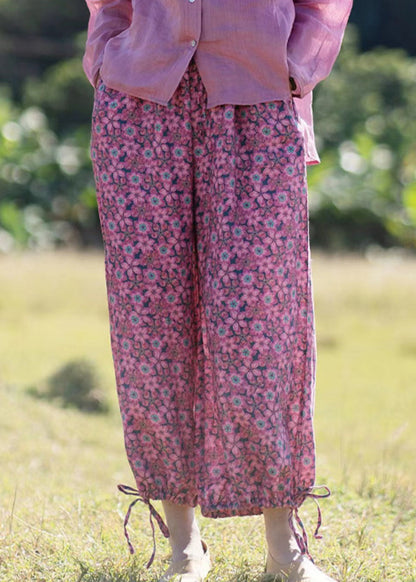 New Rose Ruffled Print Lace Up Linen Crop Pants Summer Gh1075