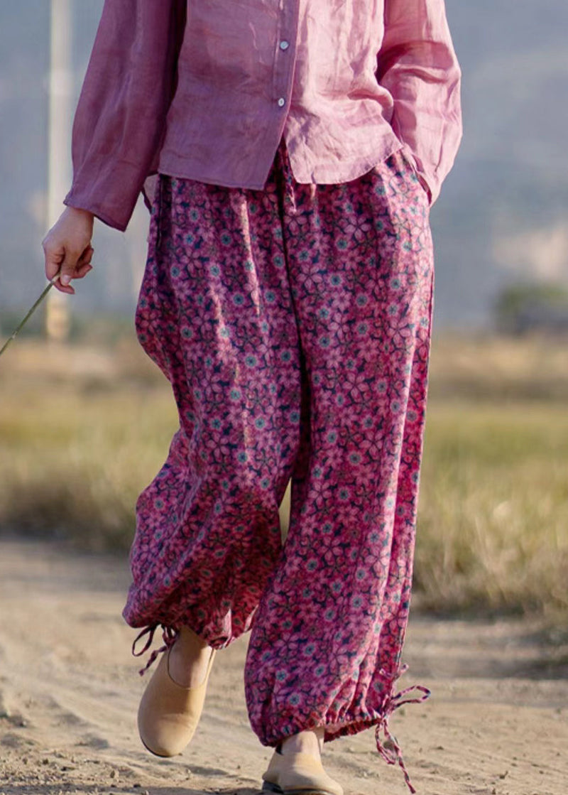New Rose Ruffled Print Lace Up Linen Crop Pants Summer Gh1075