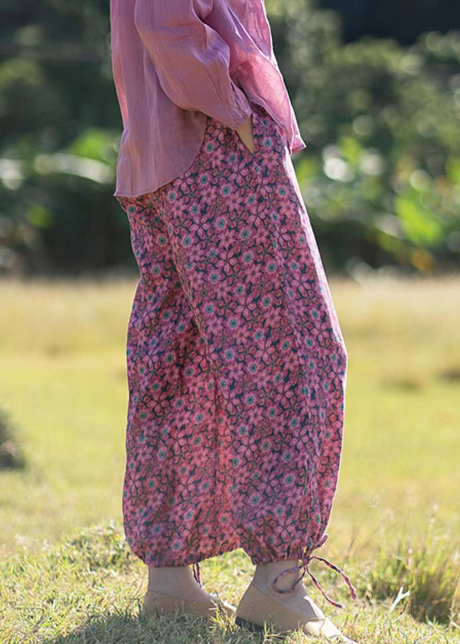 New Rose Ruffled Print Lace Up Linen Crop Pants Summer Gh1075